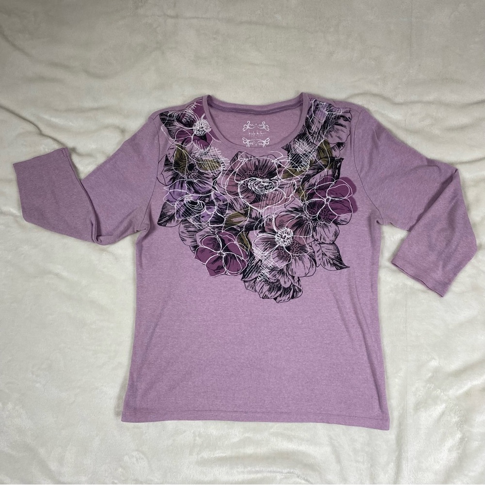 C-0011 Nicole Miller L 3/4 Sleeve Rib Cotton Lavender Graphic Cotton T-Shirt